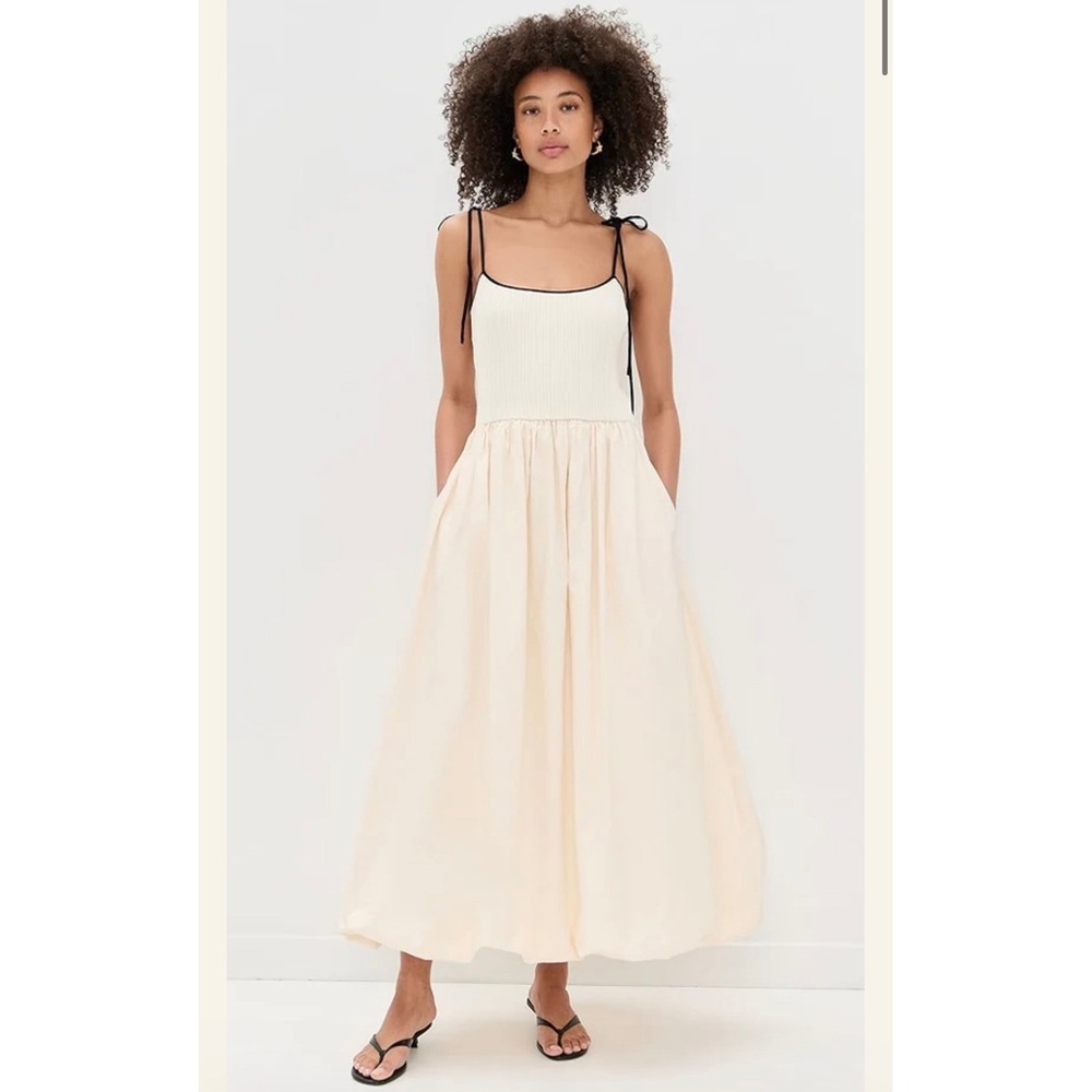 Line and Dot Jules Dress Cream Black Tie Strap Ribbed Bubble Hem Maxi Small NEW